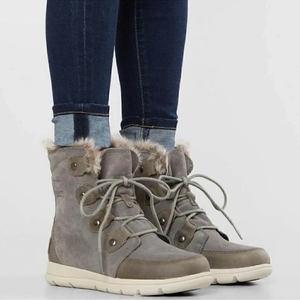 Sorel Explorer Joan Snow Lace Up Boot Faux Fur Quarry size 6.5